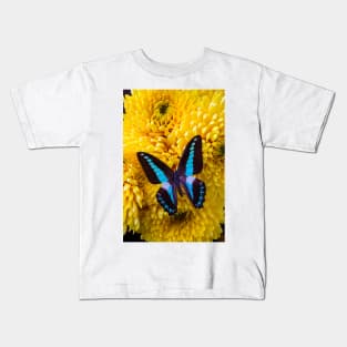 Blue Black Butterfly On Yellow Mums Kids T-Shirt